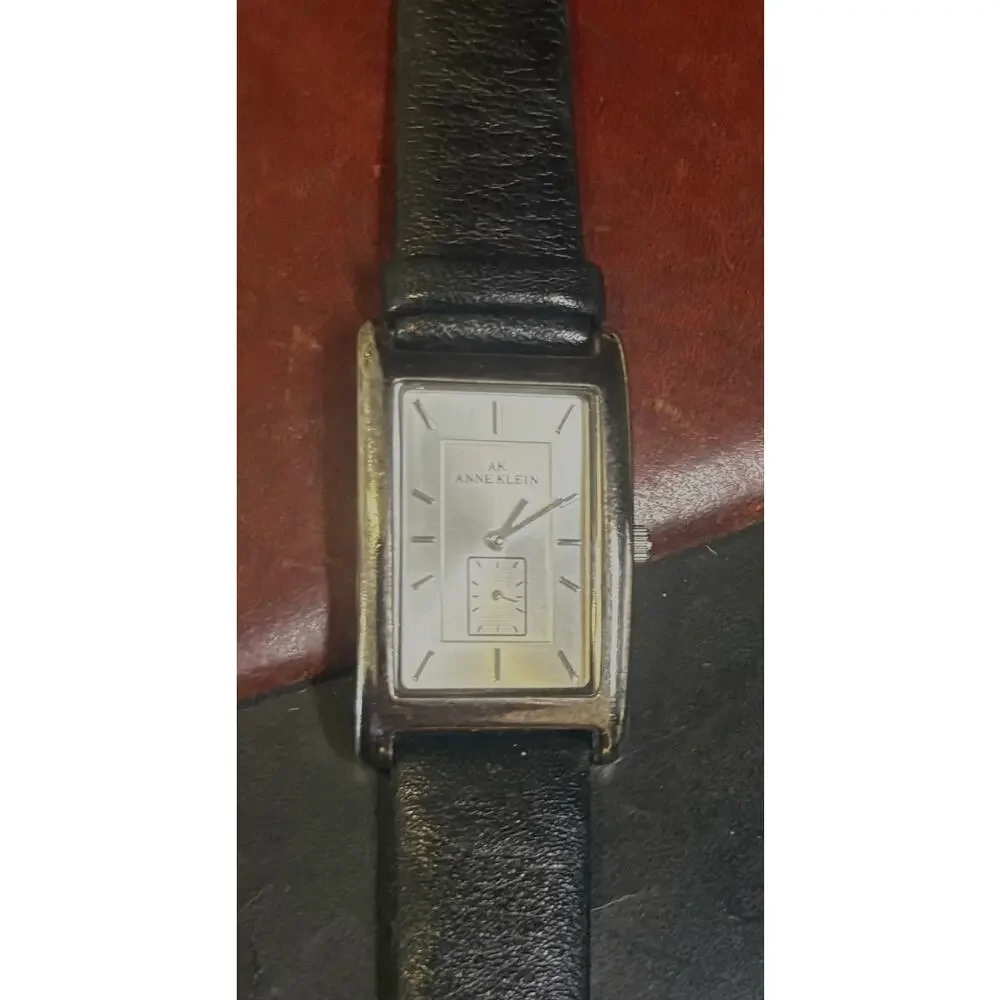 Women's Silver Tone Anne Klein Watch with Black Leather Band, Separate Seconds
